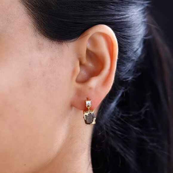 Zawadi Chocolate Sapphire & White Topaz Molten Moments Earrings 18K o/SS NEW - Picture 3 of 6